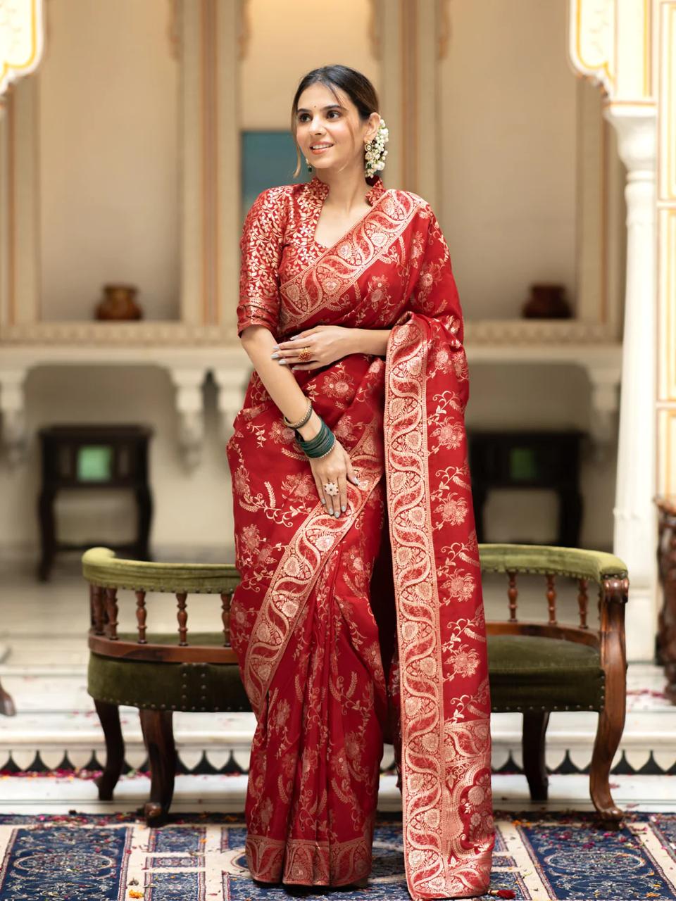 Fascinating Red Color Soft Lichi Silk Saree With Blouse Piece