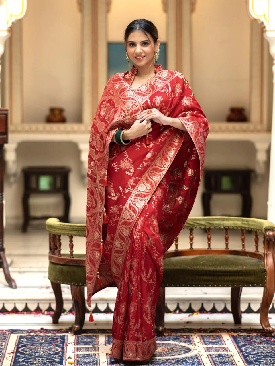 Fascinating Red Color Soft Lichi Silk Saree With Blouse Piece