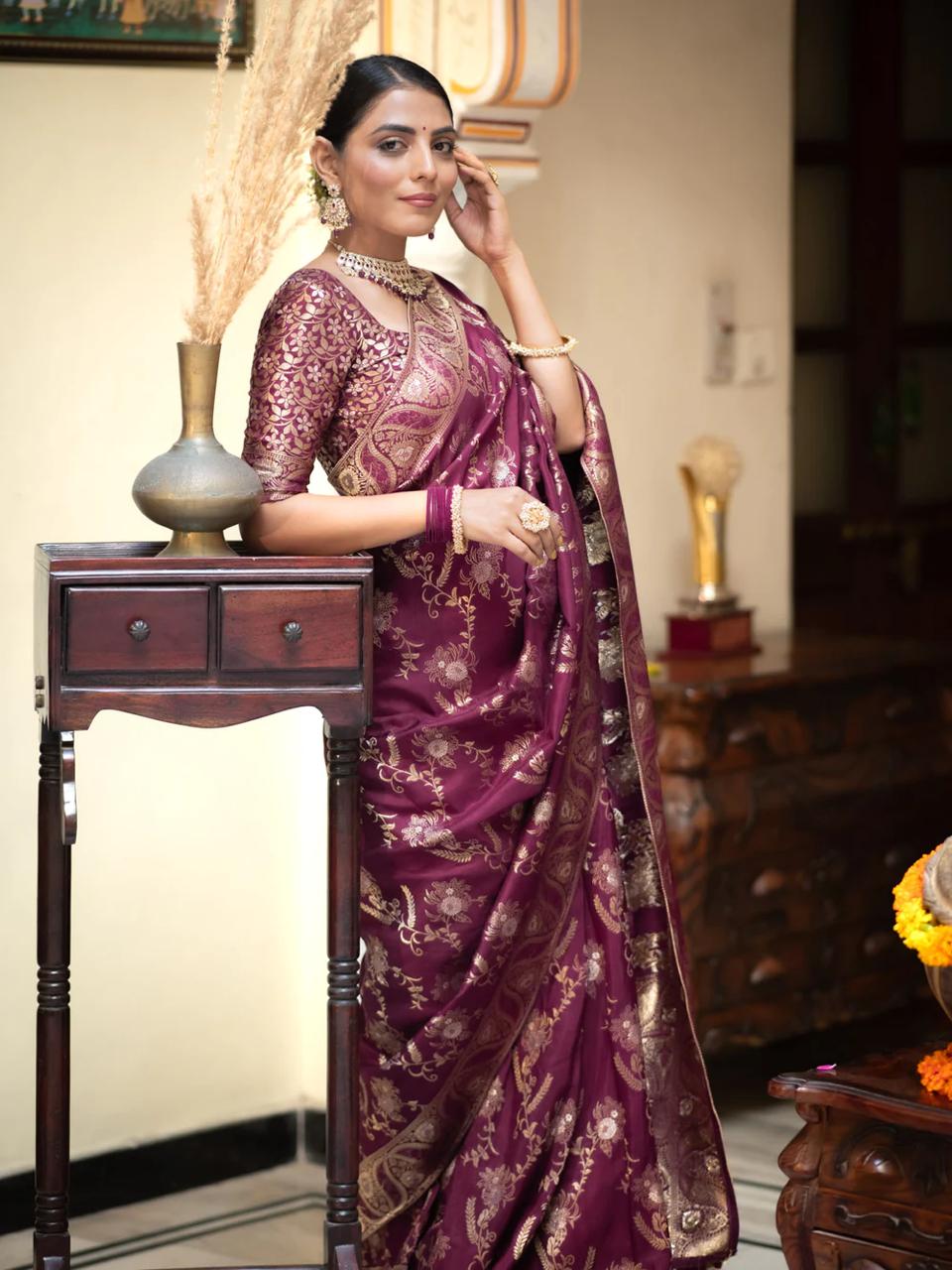 Enigmatic Wine Color Soft Lichi Silk Saree With Blouse Piece