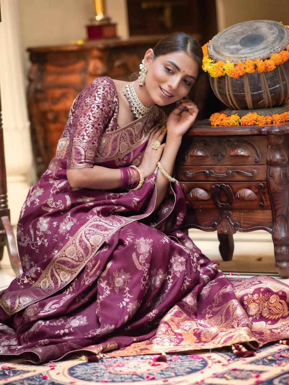 Enigmatic Wine Color Soft Lichi Silk Saree With Blouse Piece