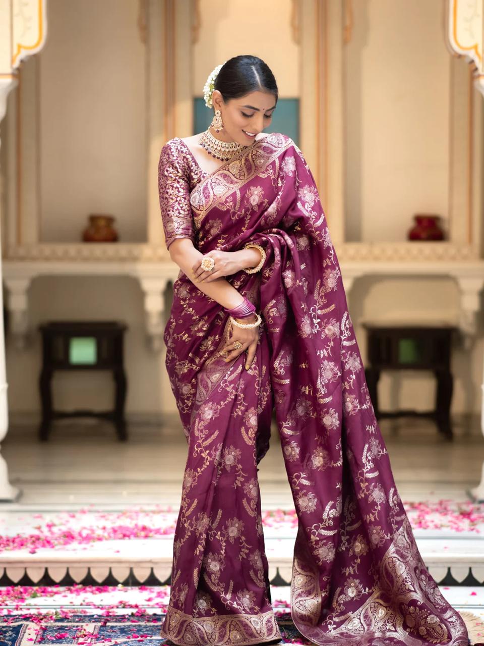 Enigmatic Wine Color Soft Lichi Silk Saree With Blouse Piece