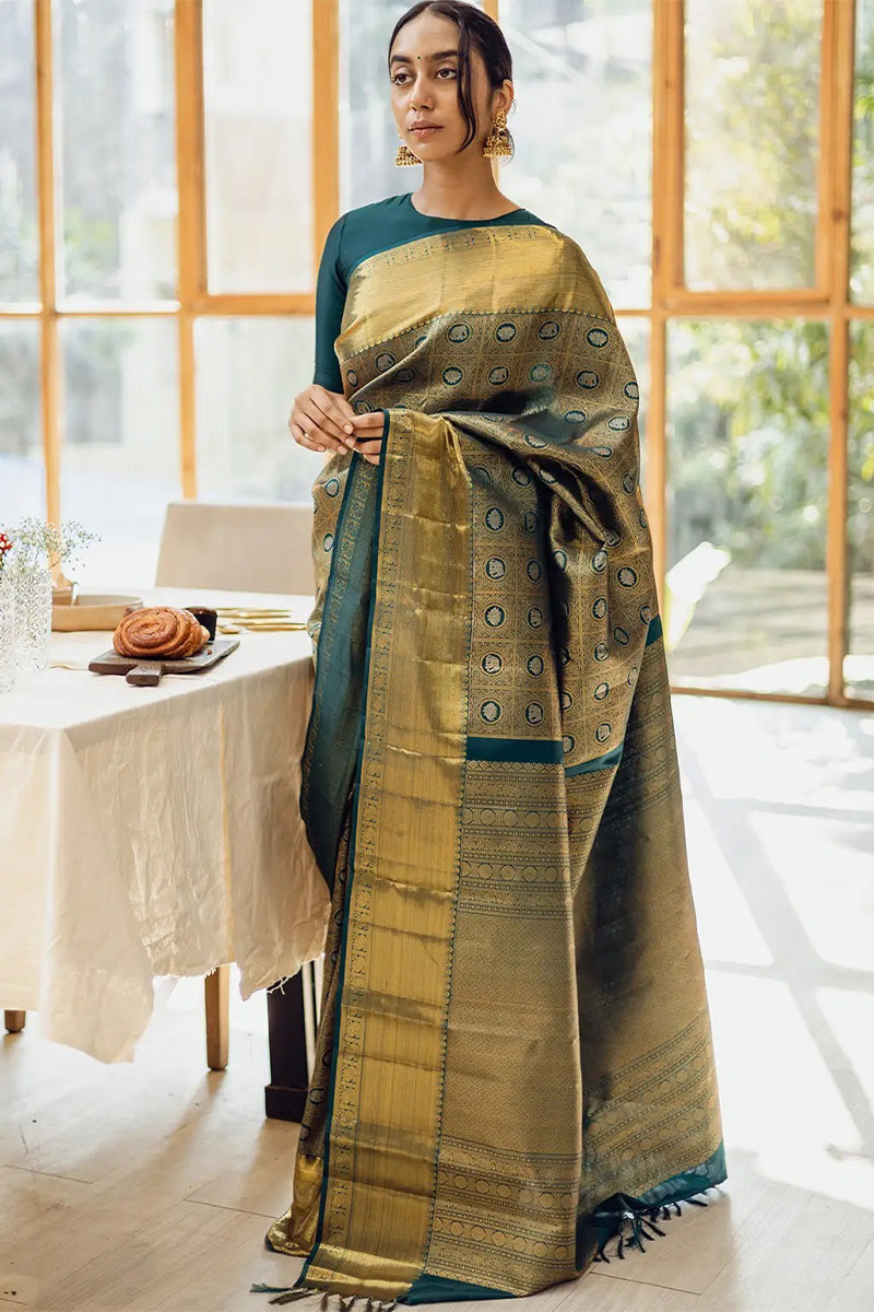 Exemplary Dark Green Soft Silk Saree With Opulent Blouse Piece