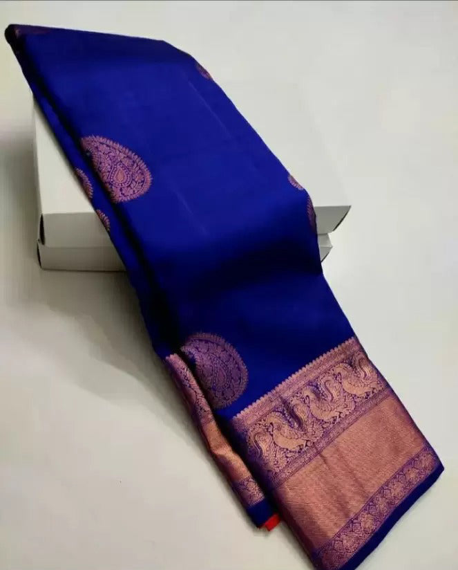 Electrifying Royal Blue Color Soft Lichi Silk Saree With Blouse Piece