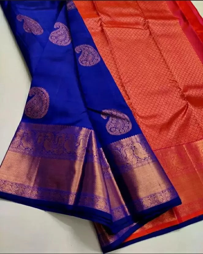 Electrifying Royal Blue Color Soft Lichi Silk Saree With Blouse Piece