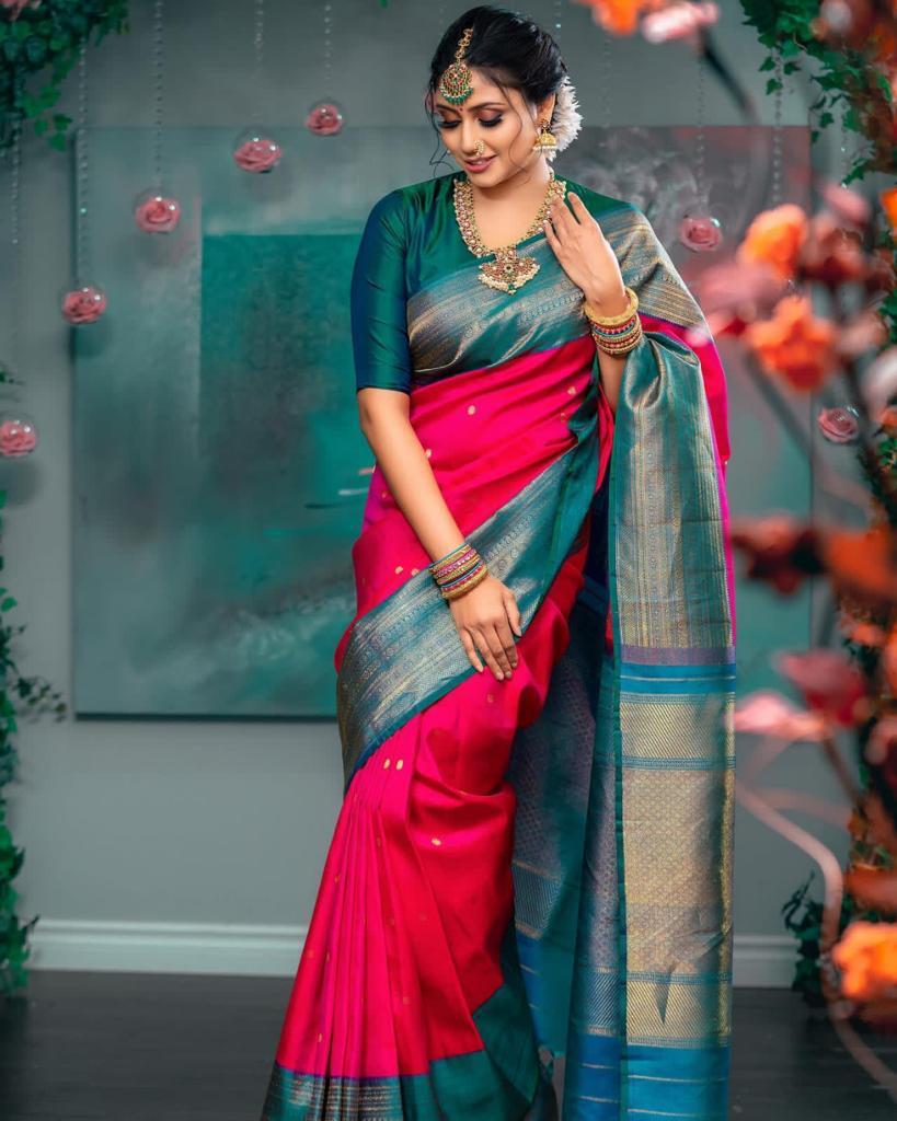 Radiating Dark Pink Color Soft Lichi Silk Saree With Blouse Piece