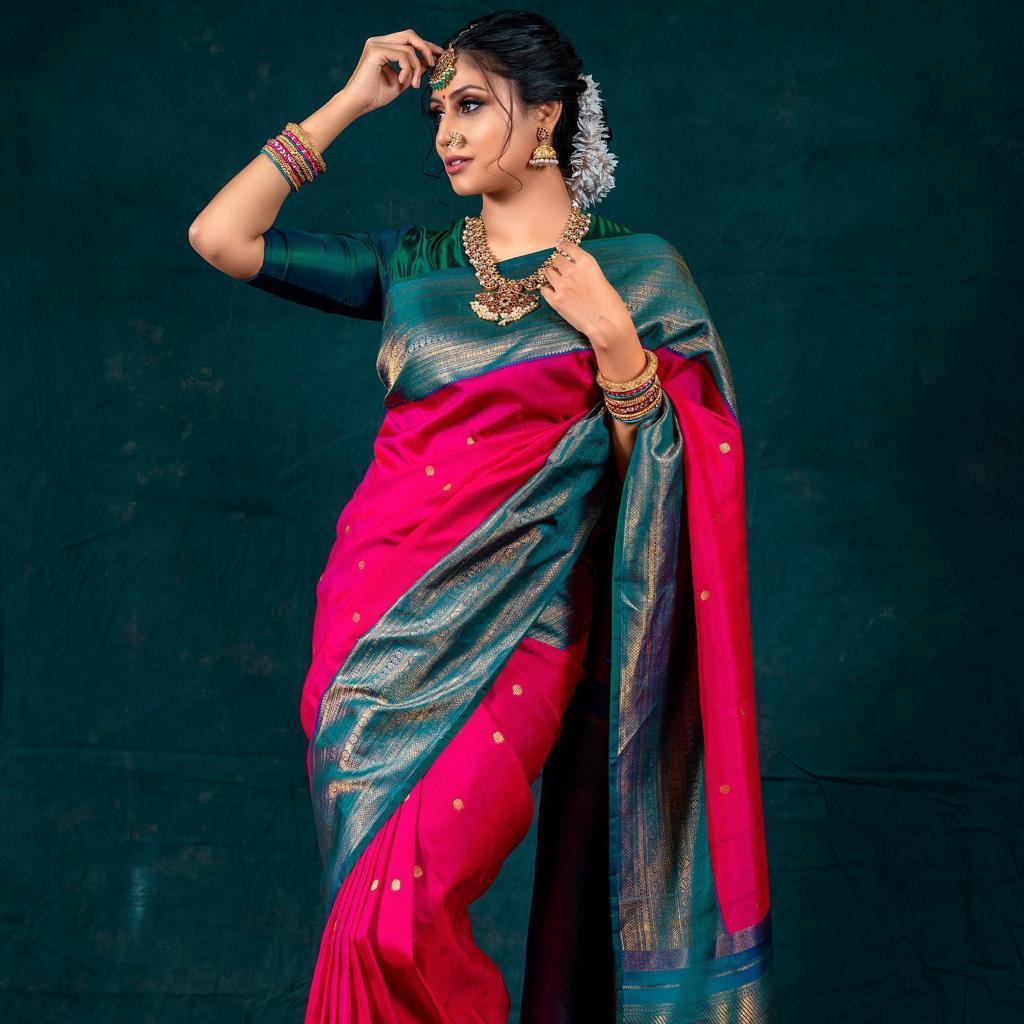 Radiating Dark Pink Color Soft Lichi Silk Saree With Blouse Piece