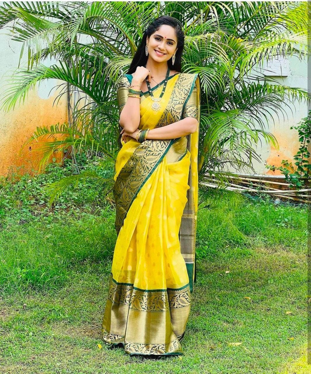 Serene Yellow Color Soft Lichi Silk Saree With Blouse Piece