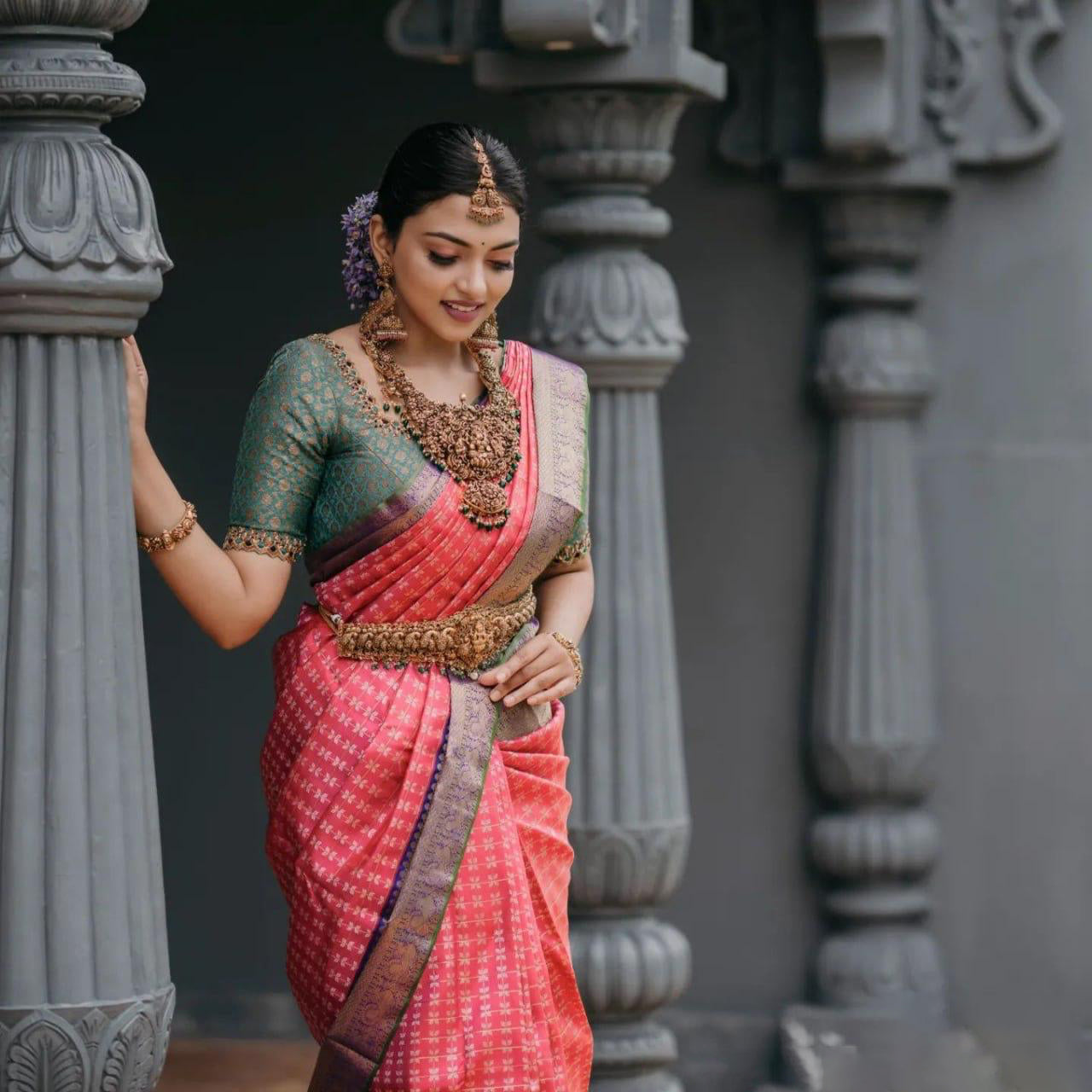 Elegance Dark Pink Color Soft Lichi Silk Saree With Blouse Piece