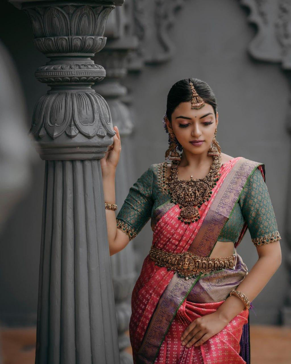 Elegance Dark Pink Color Soft Lichi Silk Saree With Blouse Piece