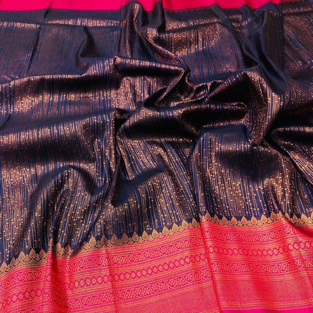 Vibrant Blue Color Banarasi Soft Silk Saree With Blouse Piece