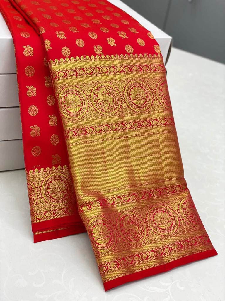 Charismatic Red Color Soft Lichi Silk Saree With Blouse Piece