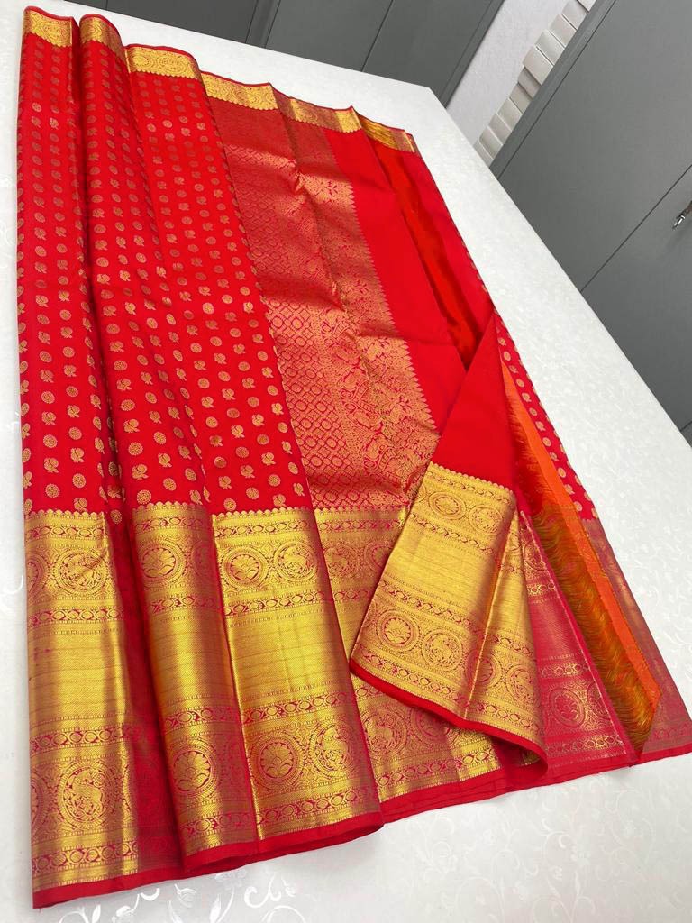 Charismatic Red Color Soft Lichi Silk Saree With Blouse Piece