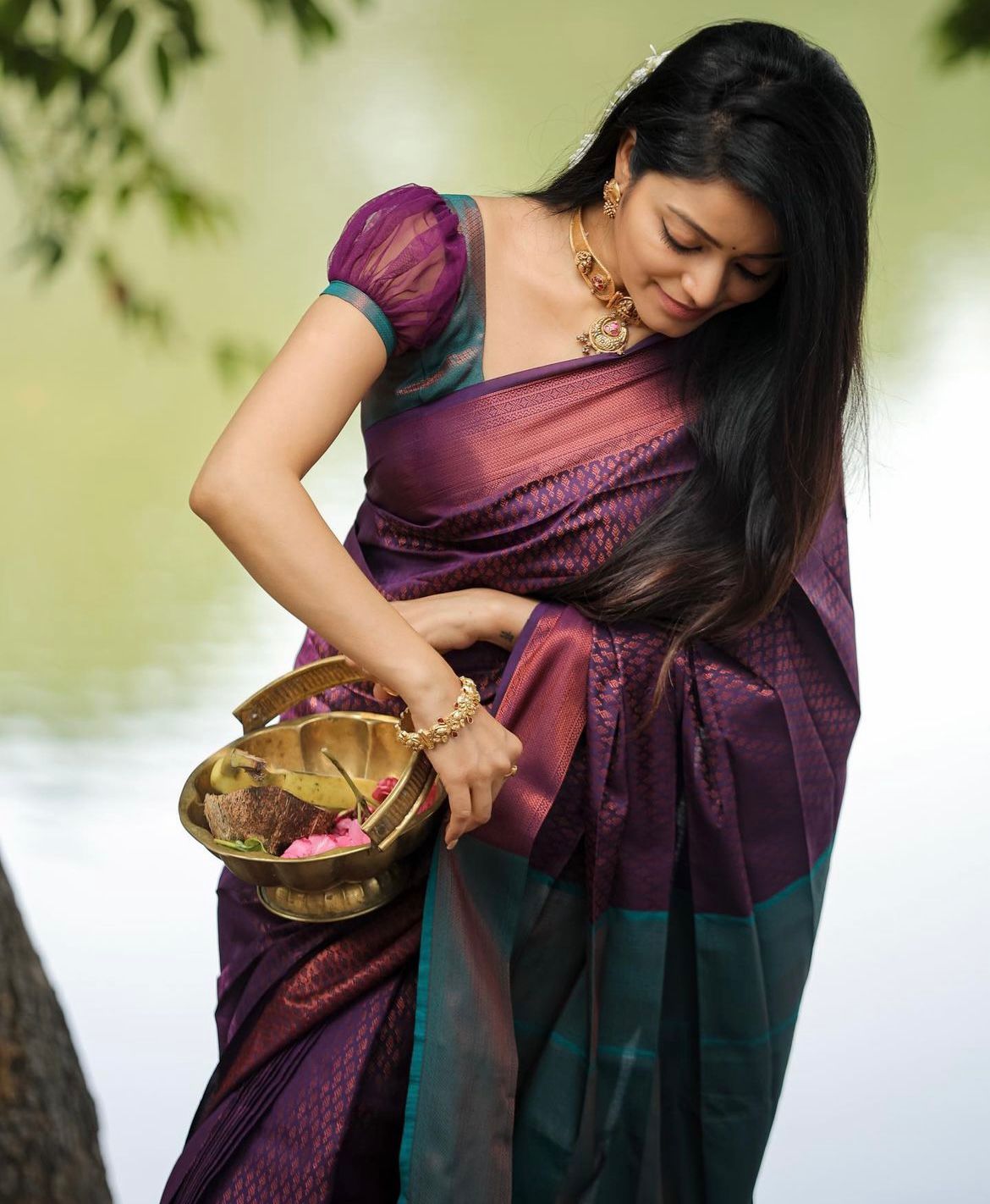 Splendid Purple Color Soft Lichi Silk Saree With Blouse Piece