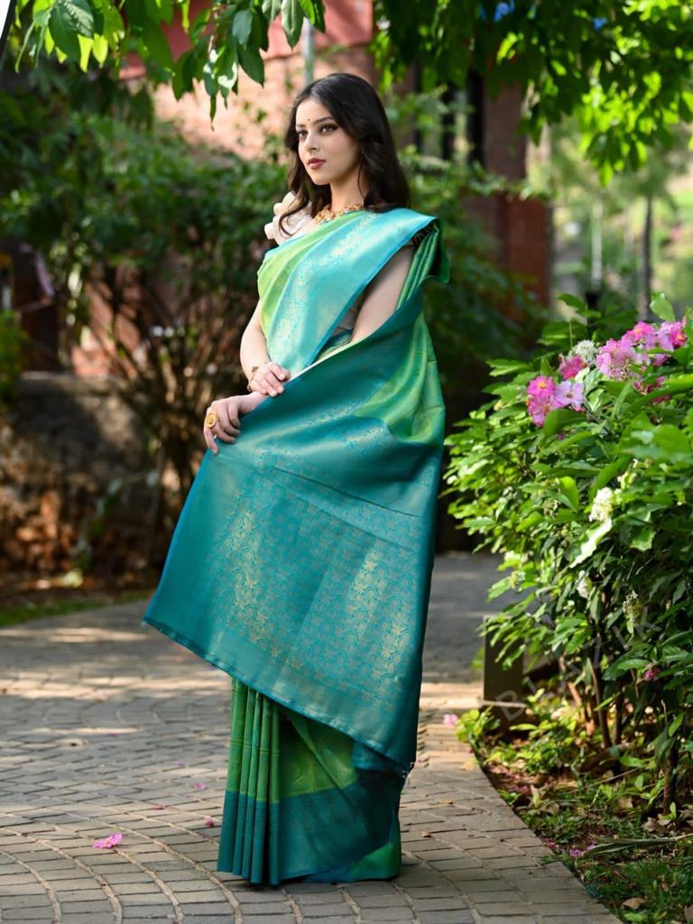 Sultry Sea Green Color Banarasi Soft Silk Saree With Blouse Piece