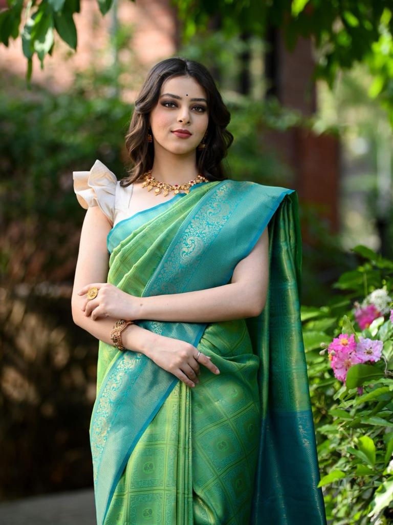 Sultry Sea Green Color Banarasi Soft Silk Saree With Blouse Piece