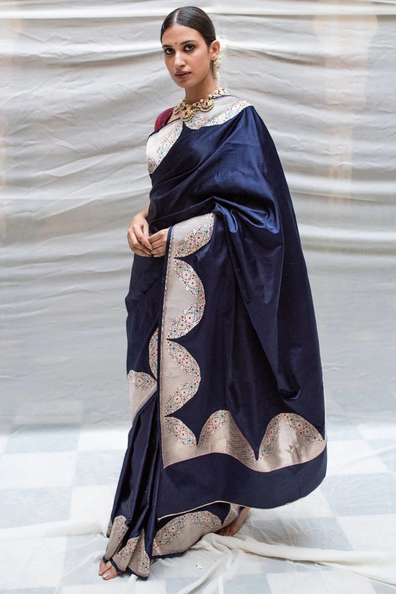 Glossy Navy Blue Color Banarasi Soft Silk Saree With Blouse Piece