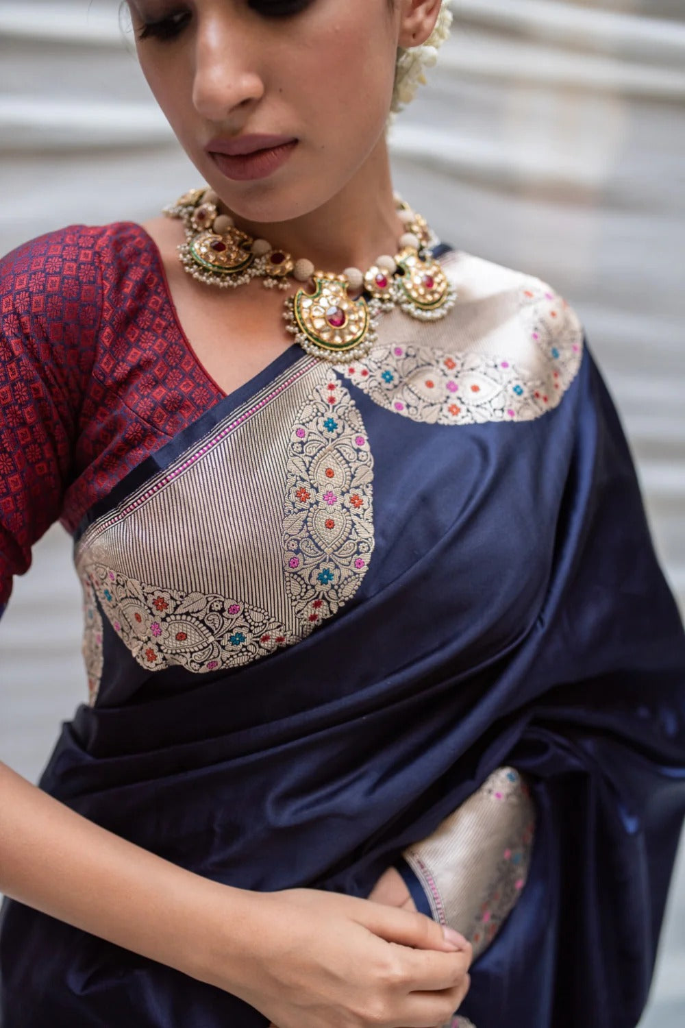 Glossy Navy Blue Color Banarasi Soft Silk Saree With Blouse Piece