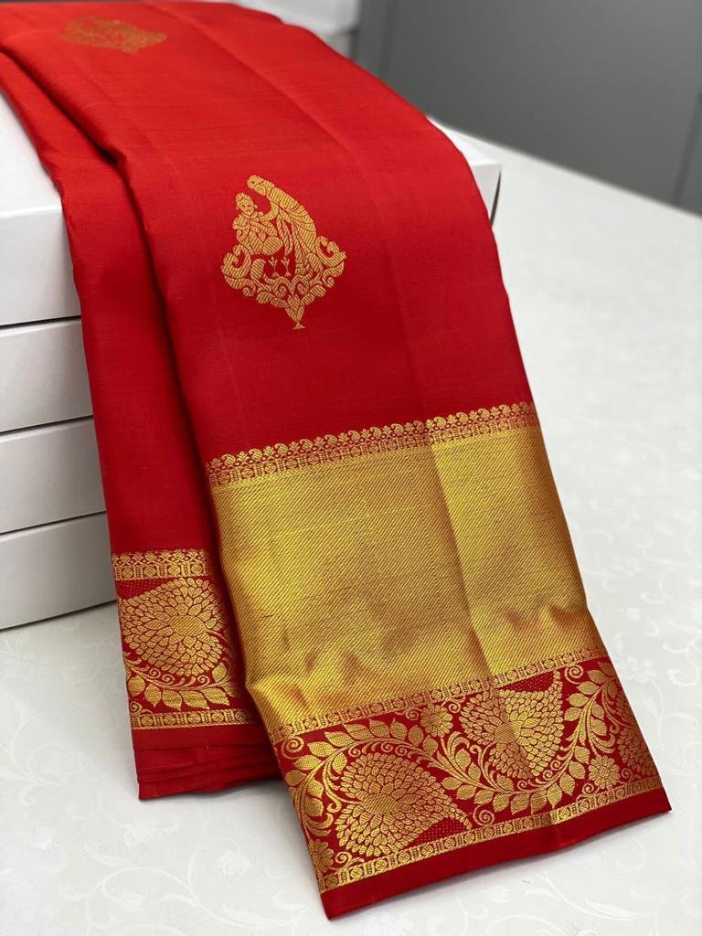 Vivid Red Color Banarasi Soft Silk Saree With Blouse Piece