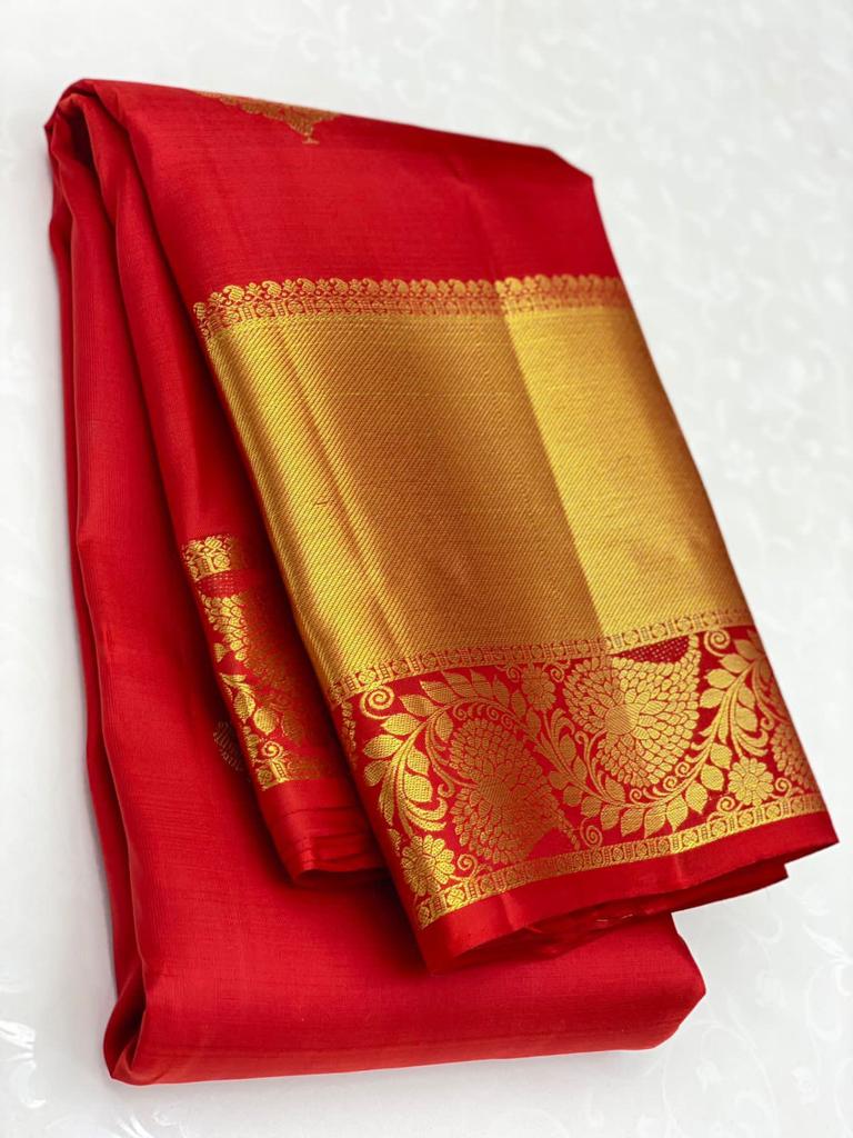 Vivid Red Color Banarasi Soft Silk Saree With Blouse Piece