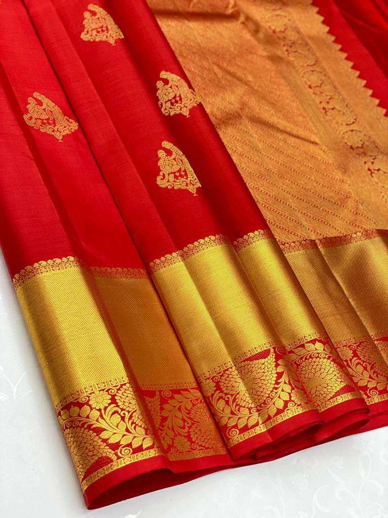 Vivid Red Color Banarasi Soft Silk Saree With Blouse Piece