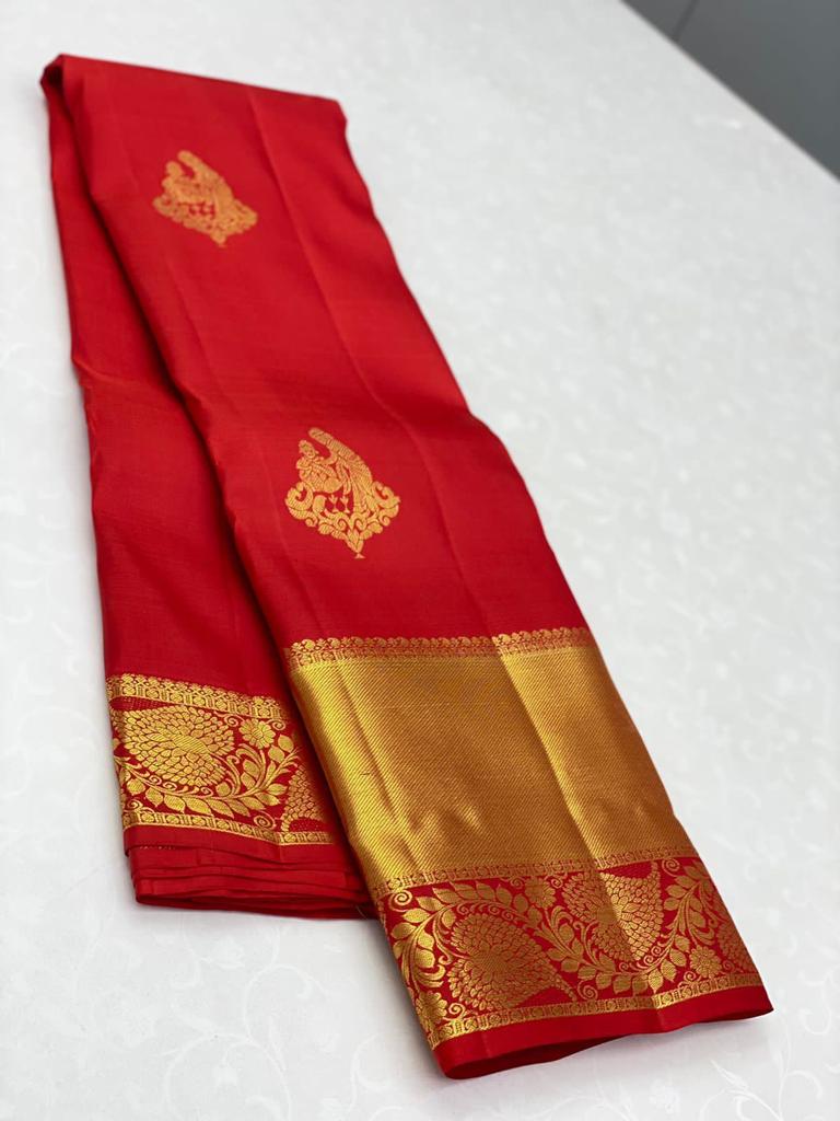 Vivid Red Color Banarasi Soft Silk Saree With Blouse Piece