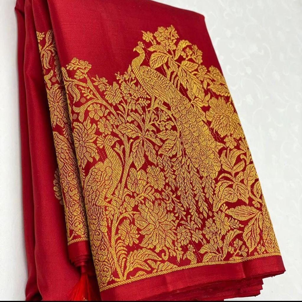 Incandescent Red Color Banarasi Soft Silk Saree With Blouse Piece