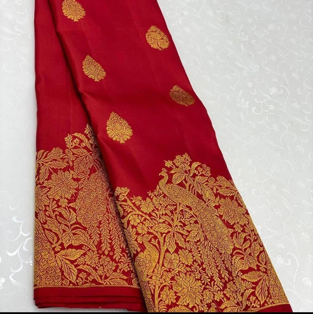 Incandescent Red Color Banarasi Soft Silk Saree With Blouse Piece