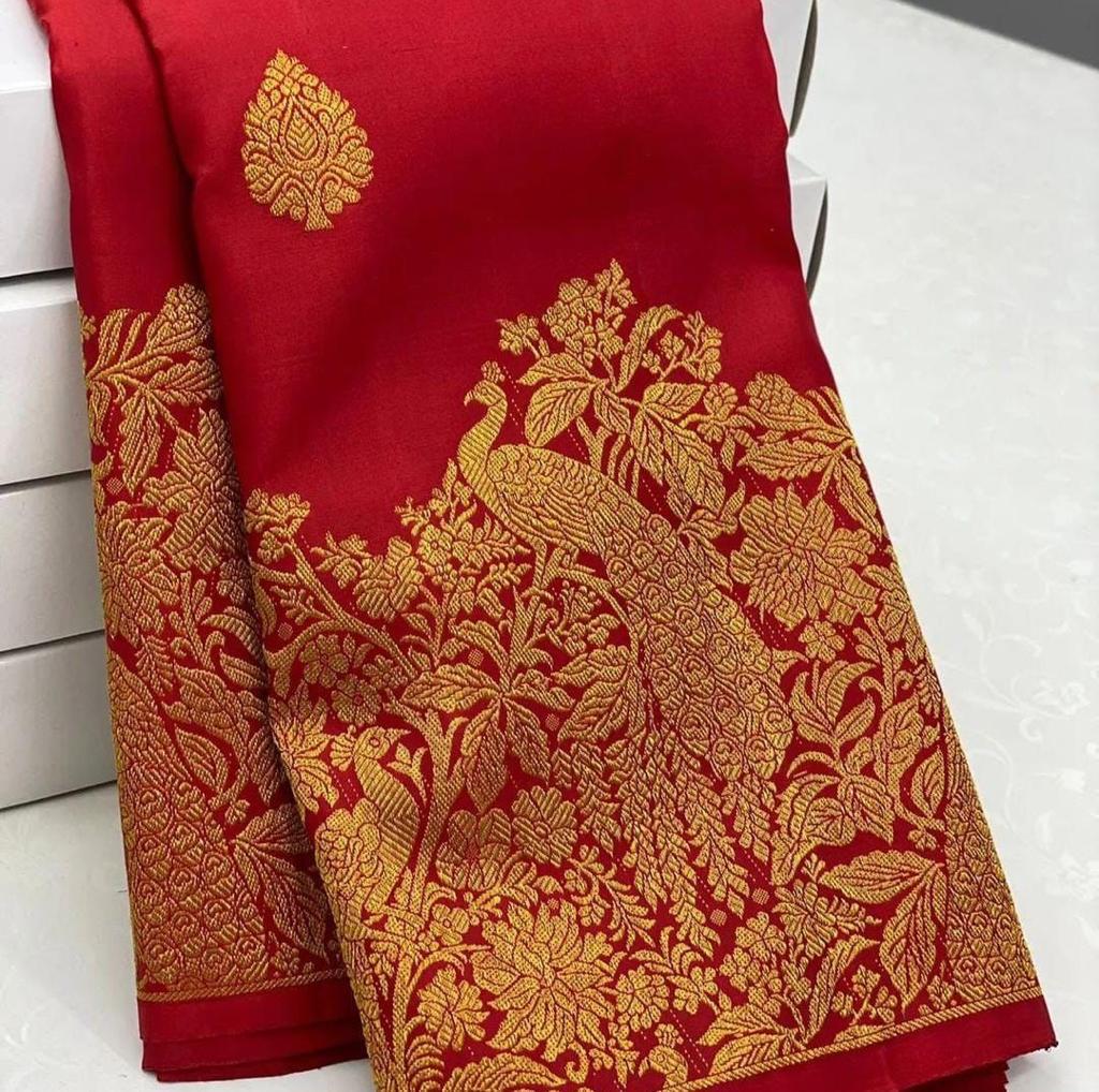 Incandescent Red Color Banarasi Soft Silk Saree With Blouse Piece