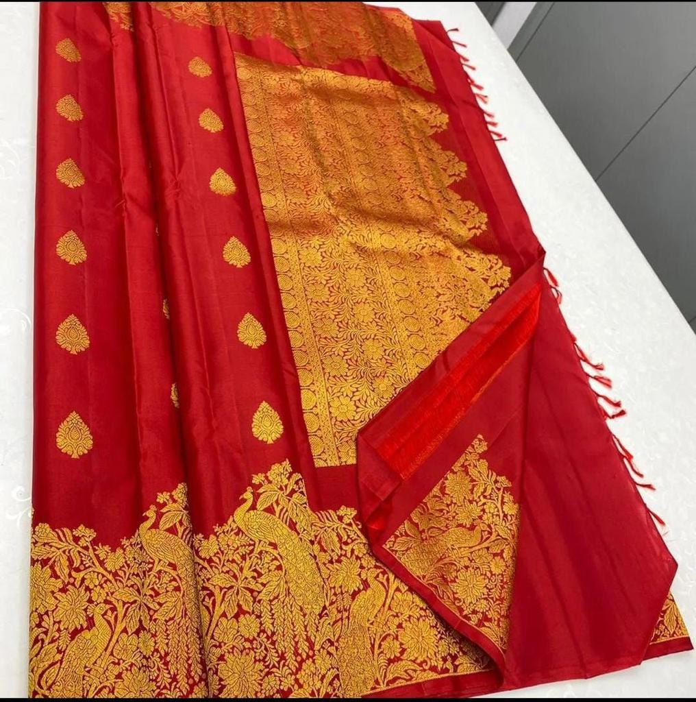 Incandescent Red Color Banarasi Soft Silk Saree With Blouse Piece