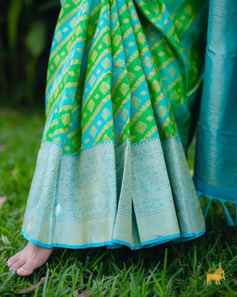 Whimsical Parrot Green Color Soft Lichi Silk Saree With Blouse Piece