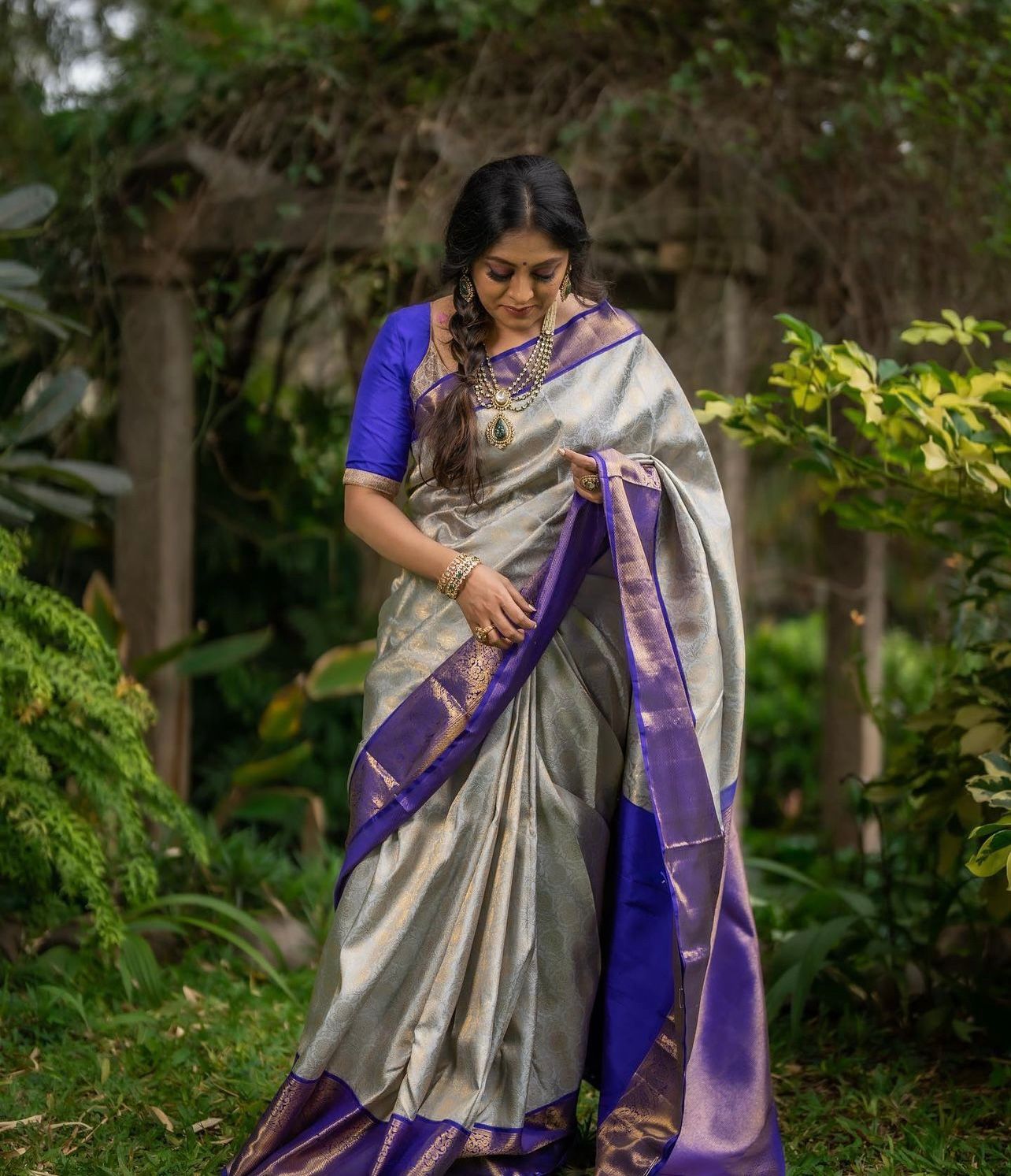 Breathtaking Grey Color Soft Lichi Silk Saree With Blouse Piece