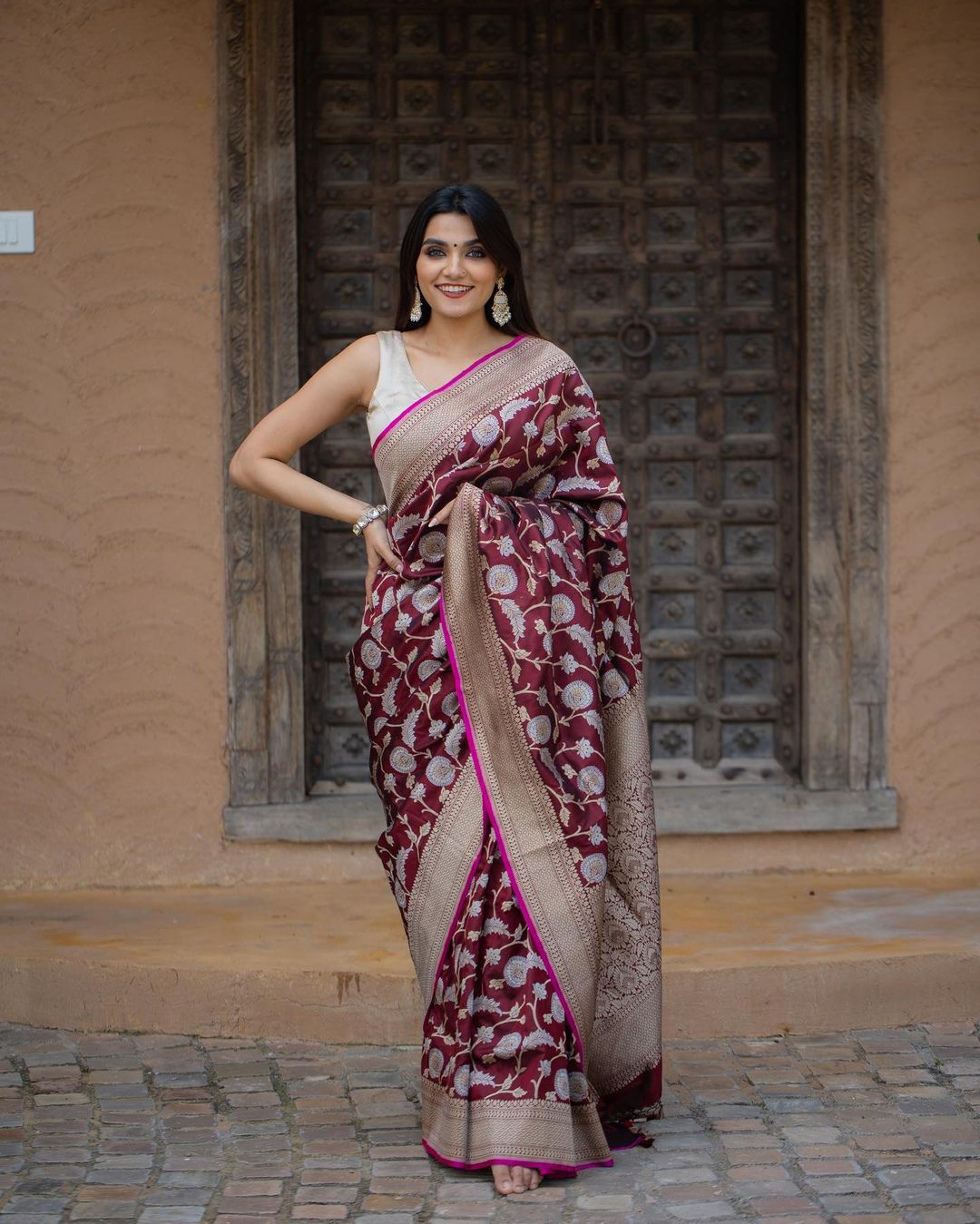 Opulent Wine Color Soft Lichi Silk Saree With Blouse Piece