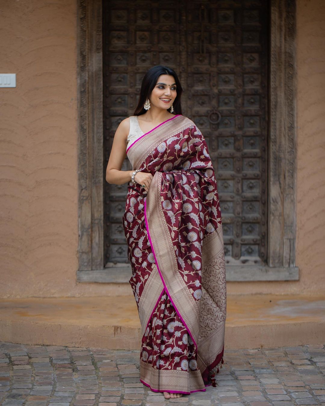 Opulent Wine Color Soft Lichi Silk Saree With Blouse Piece