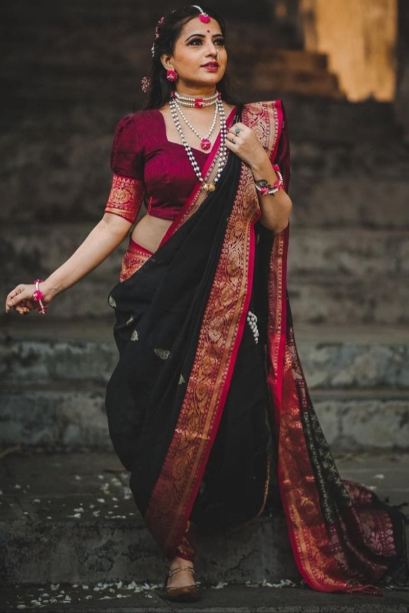 Passionate Black Color Soft Lichi Silk Saree With Blouse Piece