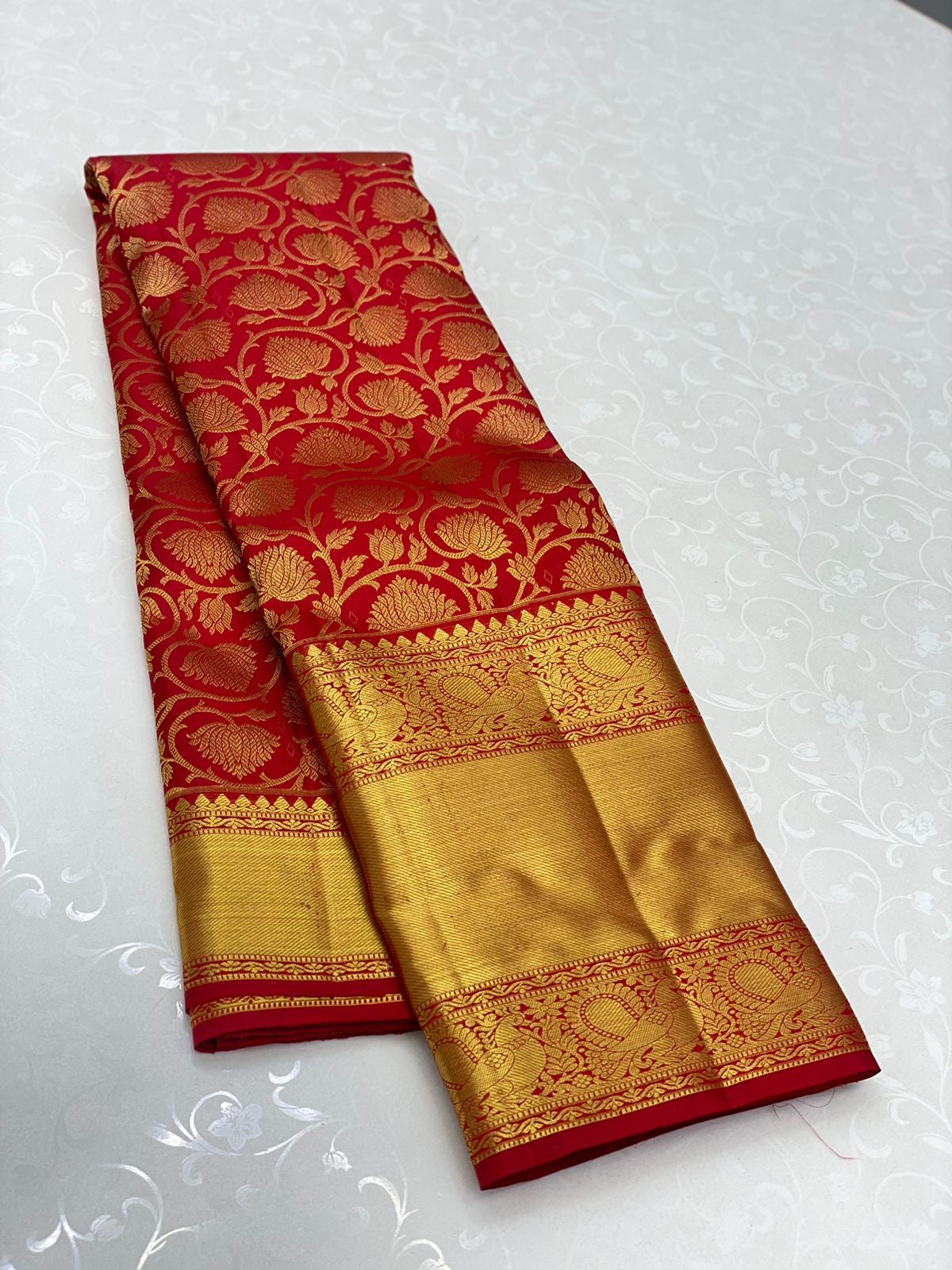 Glittery Red Color Kanjivaram Silk Saree With Blouse Piece