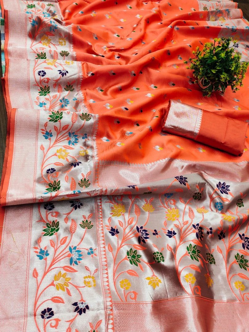 Sublime Orange Color Paithani Silk Saree With Blouse Piece