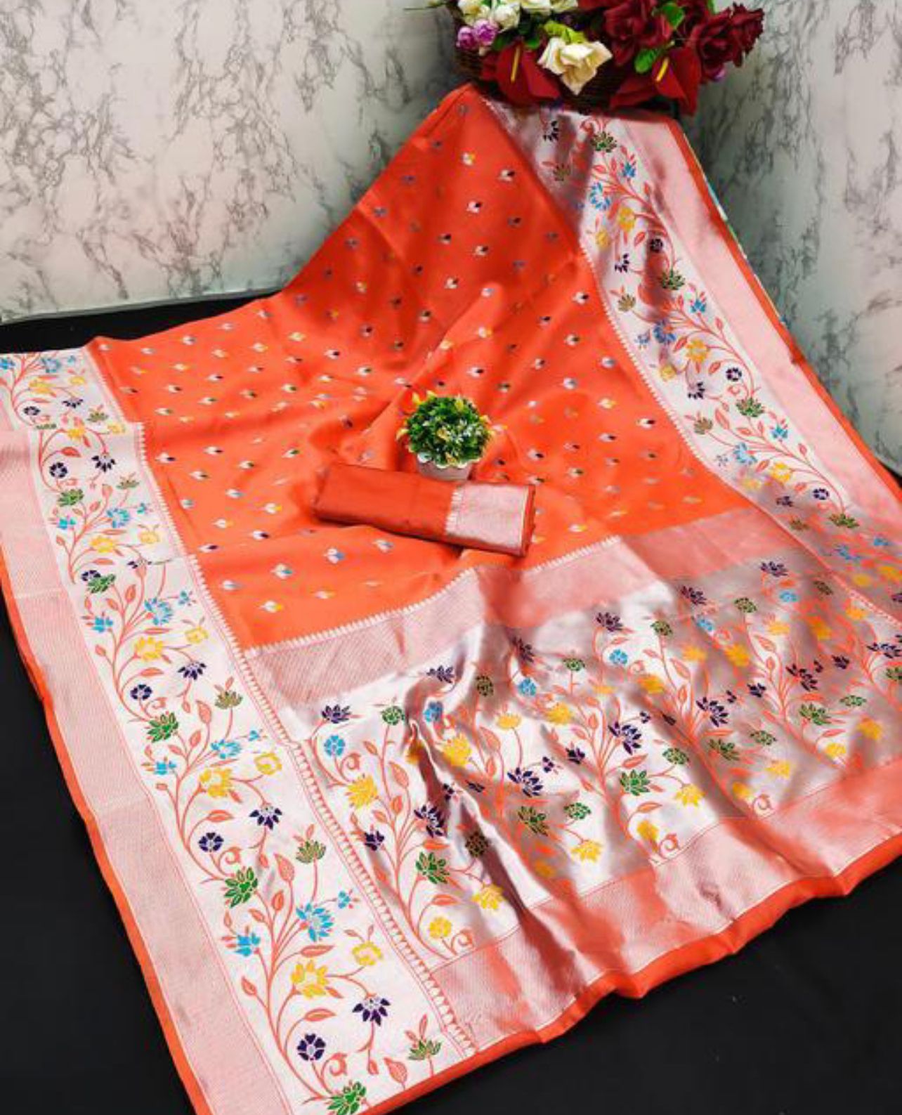 Sublime Orange Color Paithani Silk Saree With Blouse Piece