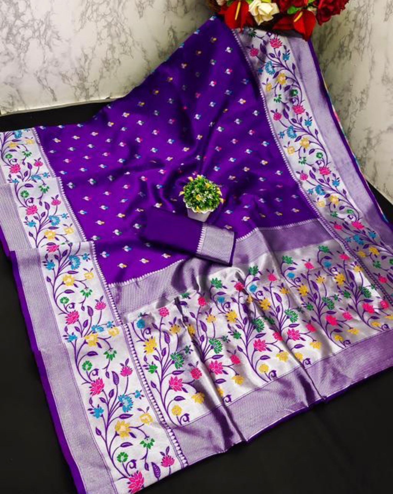 Serene Purple Color Paithani Silk Saree With Blouse Piece