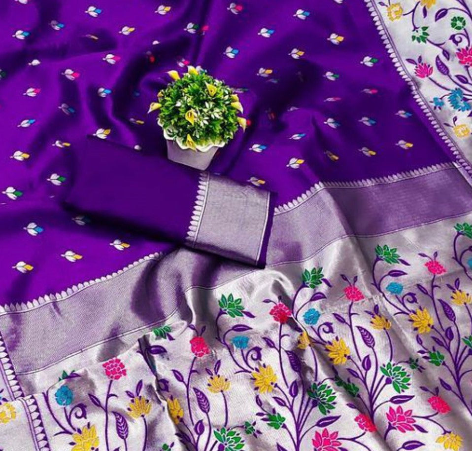 Serene Purple Color Paithani Silk Saree With Blouse Piece