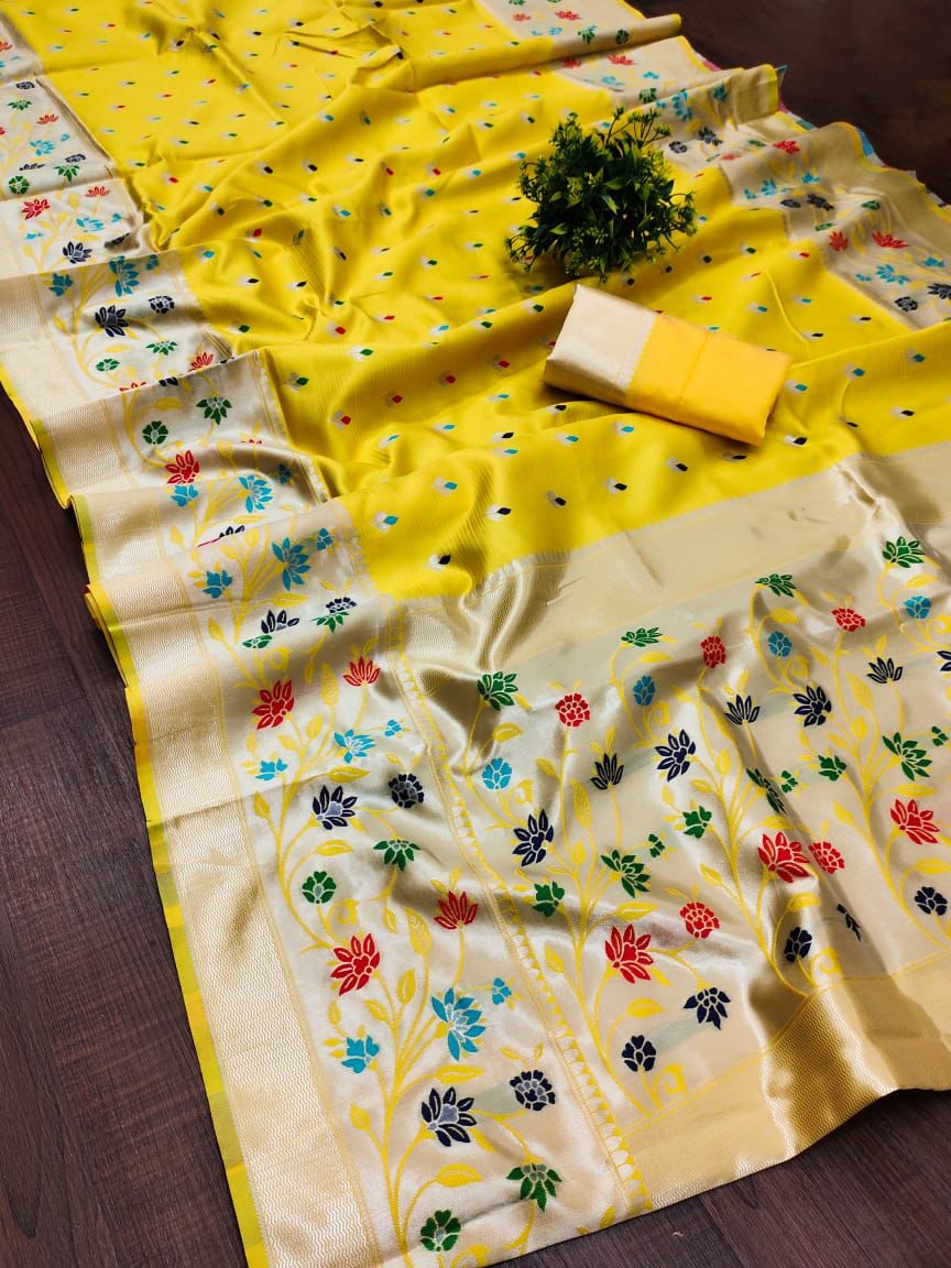 Sublime Yellow Color Paithani Silk Saree With Blouse Piece