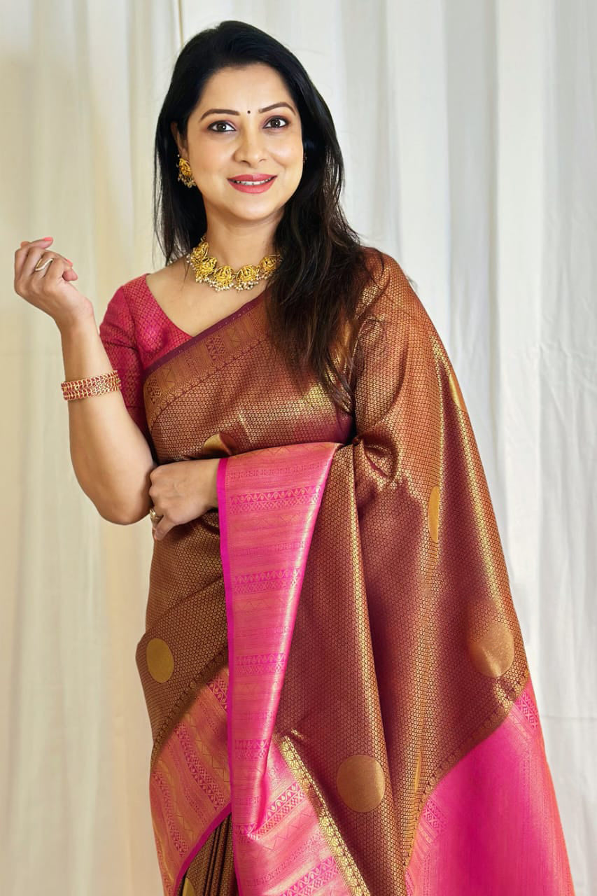 Opulent Brown Color Soft Lichi Silk Saree With Blouse Piece