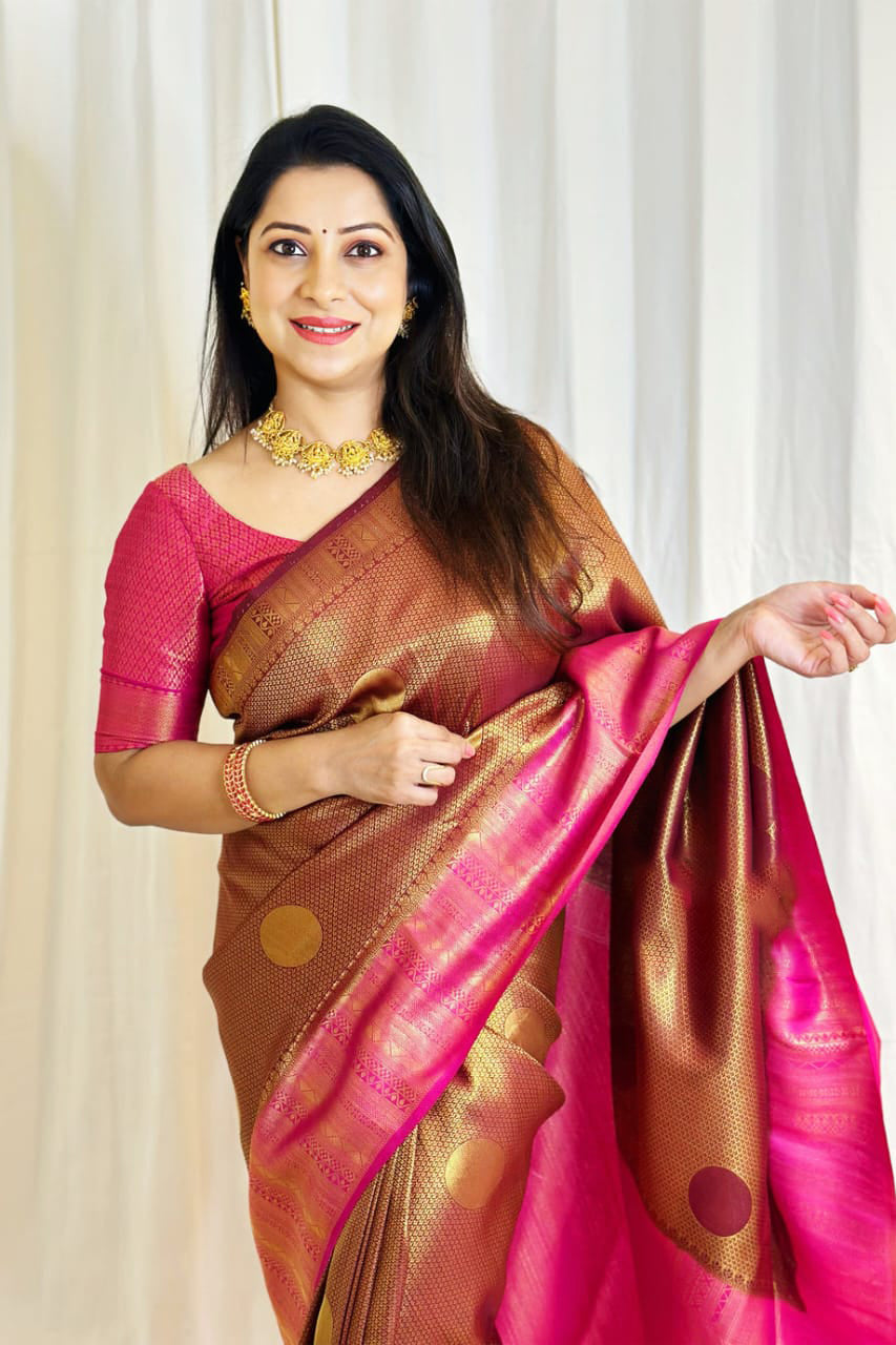 Opulent Brown Color Soft Lichi Silk Saree With Blouse Piece