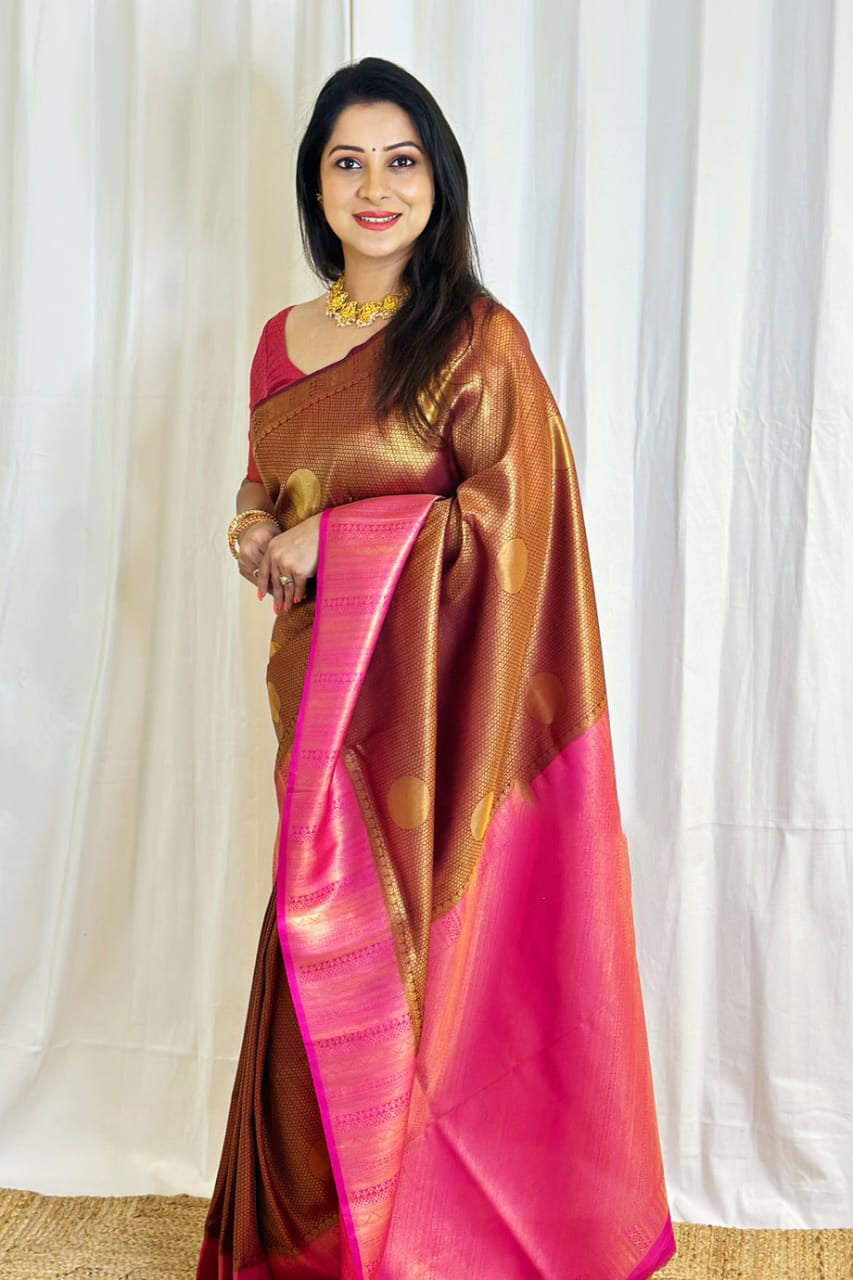 Opulent Brown Color Soft Lichi Silk Saree With Blouse Piece