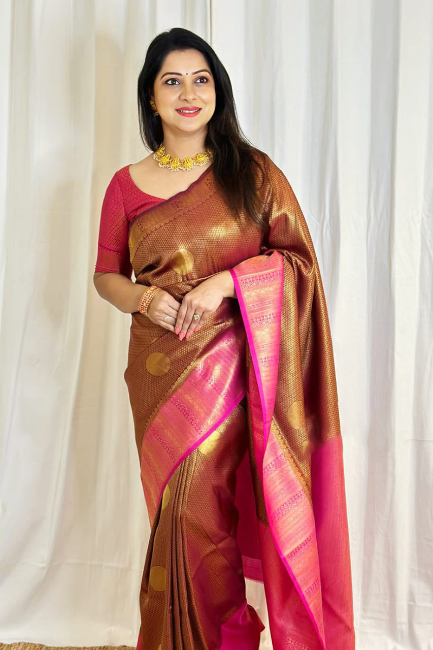 Opulent Brown Color Soft Lichi Silk Saree With Blouse Piece