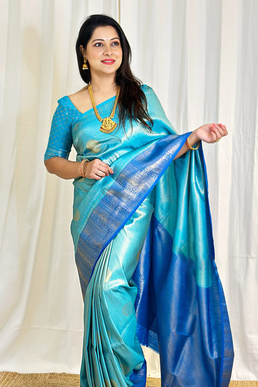 Ethereal Firozi Color Soft Lichi Silk Saree With Blouse Piece