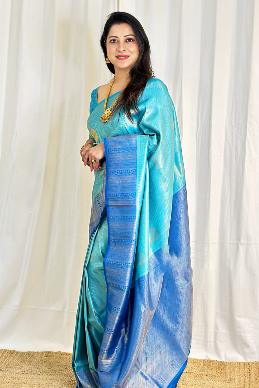 Ethereal Firozi Color Soft Lichi Silk Saree With Blouse Piece