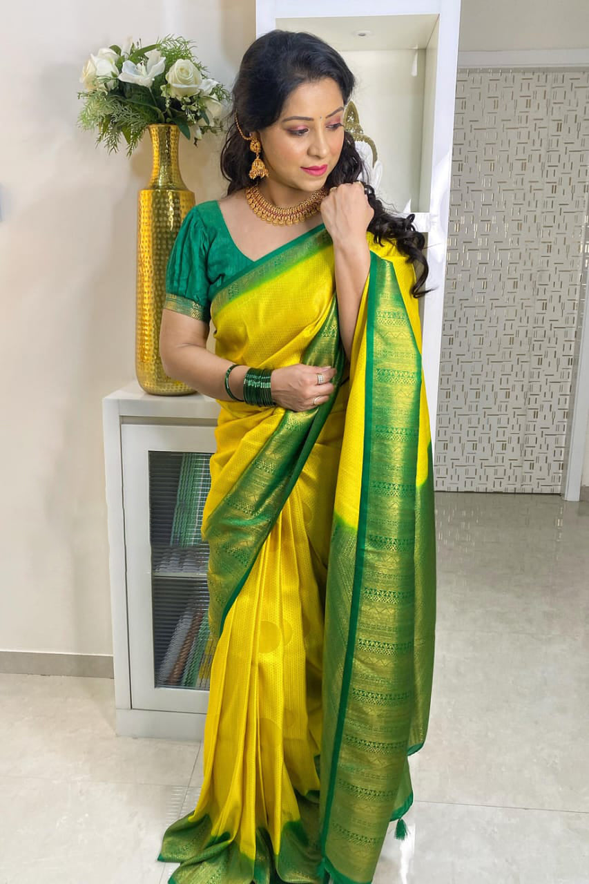 Opulent Lemon Color Soft Lichi Silk Saree With Blouse Piece