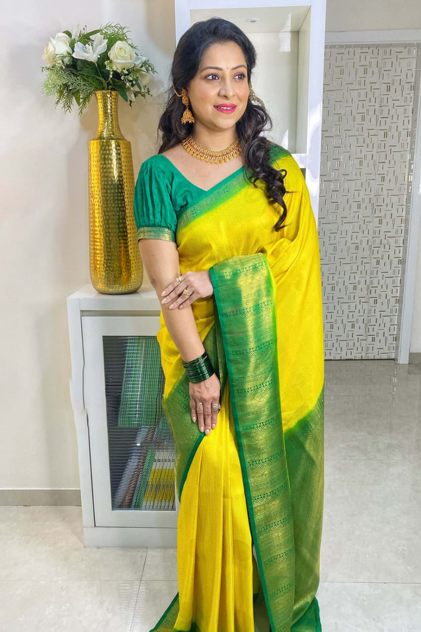 Opulent Lemon Color Soft Lichi Silk Saree With Blouse Piece