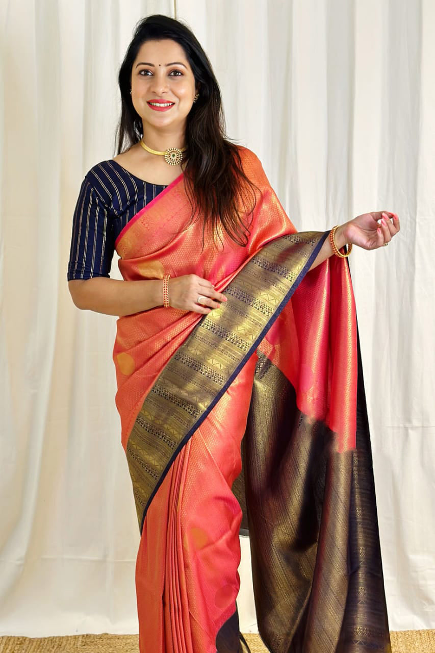 Regal Peach Color Soft Lichi Silk Saree With Blouse Piece