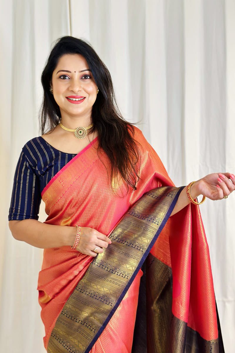 Regal Peach Color Soft Lichi Silk Saree With Blouse Piece